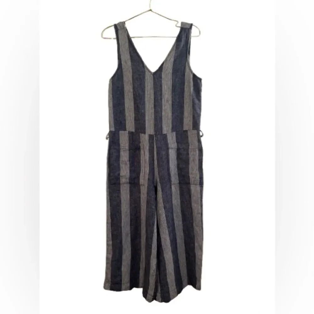 Zoe Flattering Gray and Blue Jumpsuit with Vertical Stripes